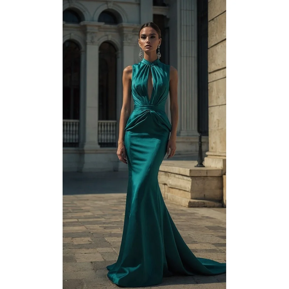 

Green Gorgeous Halter Cut Out Sleeveless Classic Women Prtom Gown Mermaid Floor Length Dinner Party Dress