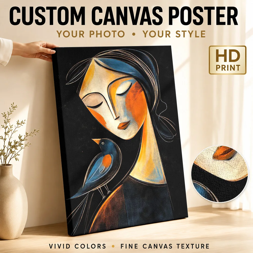 Woman With Bird Framed Canvas Print Customized Photo Illustrated Wall Art For Modern Apartment Lounge, Interior Stylist Gift