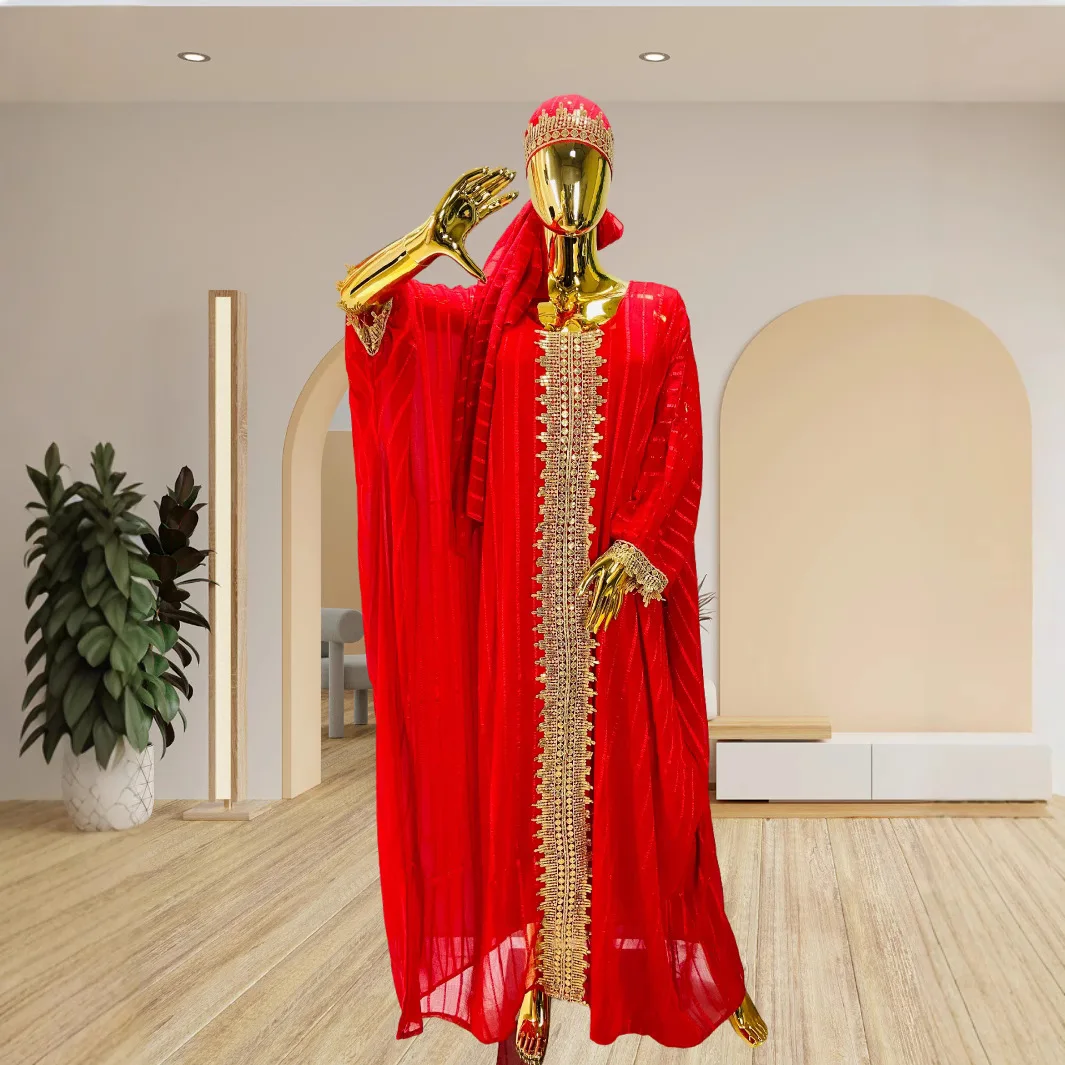 Abito da donna tradizionale africano retrò con nastro intrecciato Moda maniche svasate Abaya allentato Abito da cerimonia nuziale di lusso leggero musulmano