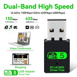 600Mbps USB WiFi Bluetooth Adapter 2 IN 1 Dual Band 2.4G/5GHz Wi-Fi Dongle High-Speed Wireless Network Card Receiver PC Laptop