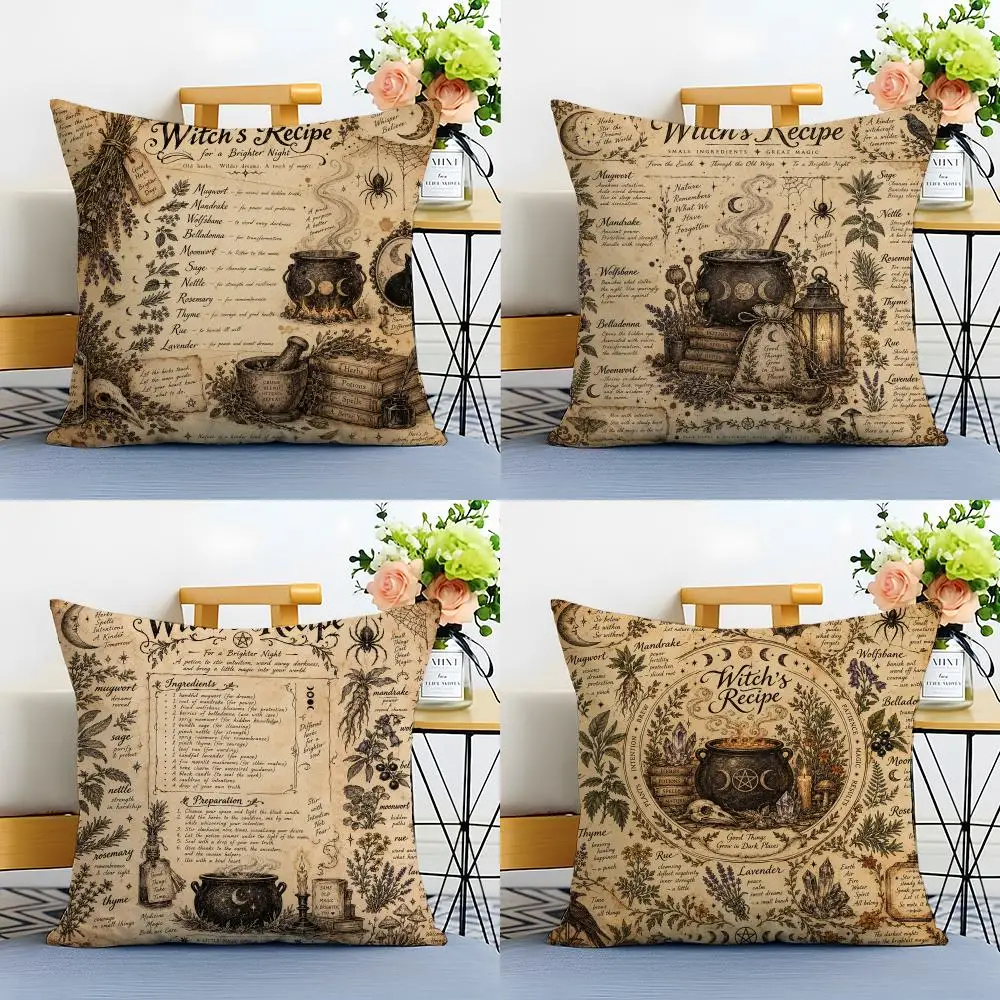 H-Halloween Witch's Recipe Cushion Cover Linen Minimalist Soft  for Sofa Bed Home Room Decor