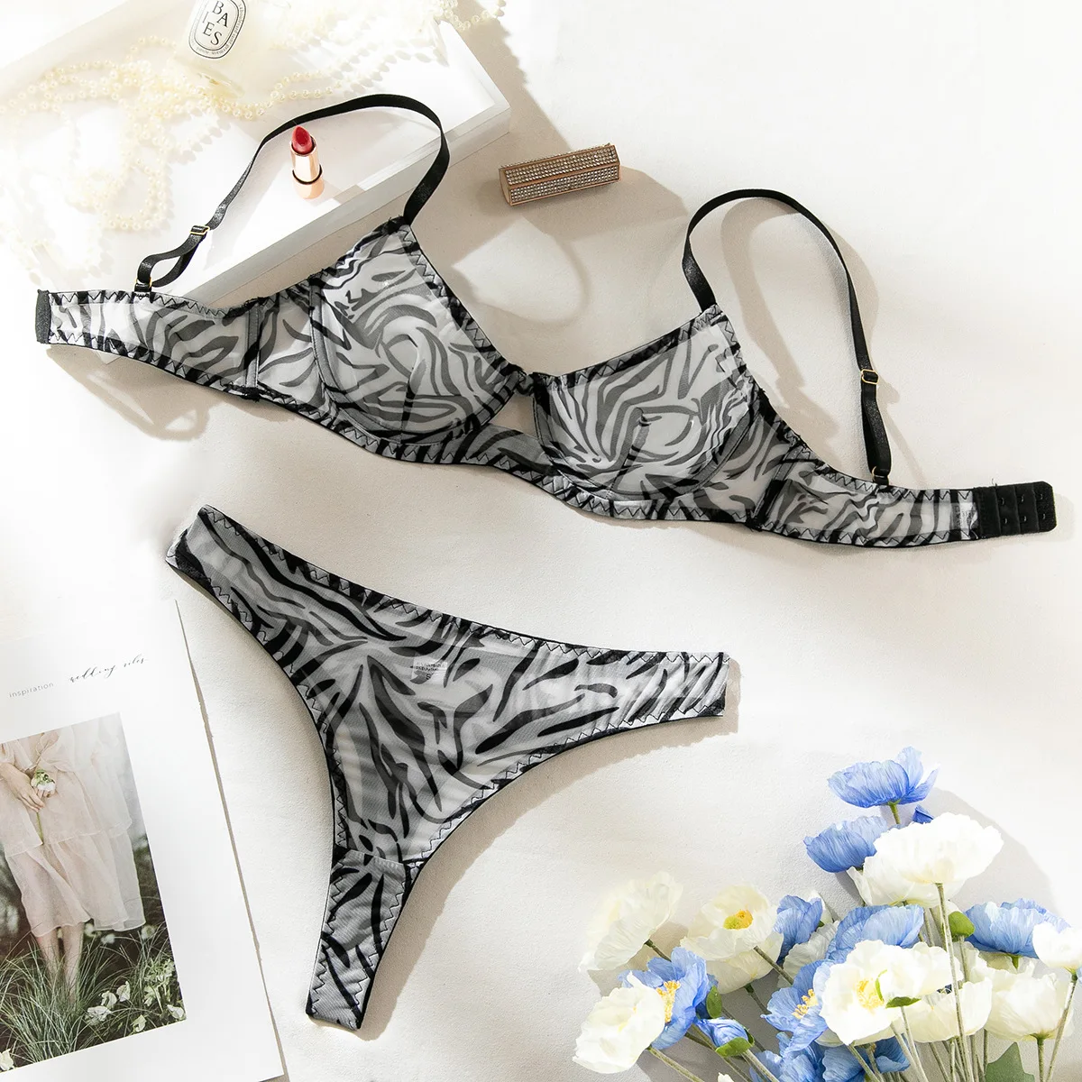Seamless Leopard Printed Underwire Bra and Panty Set Women Underwear Lace See Through Push Up Sexy Lingerie Outfit view 5