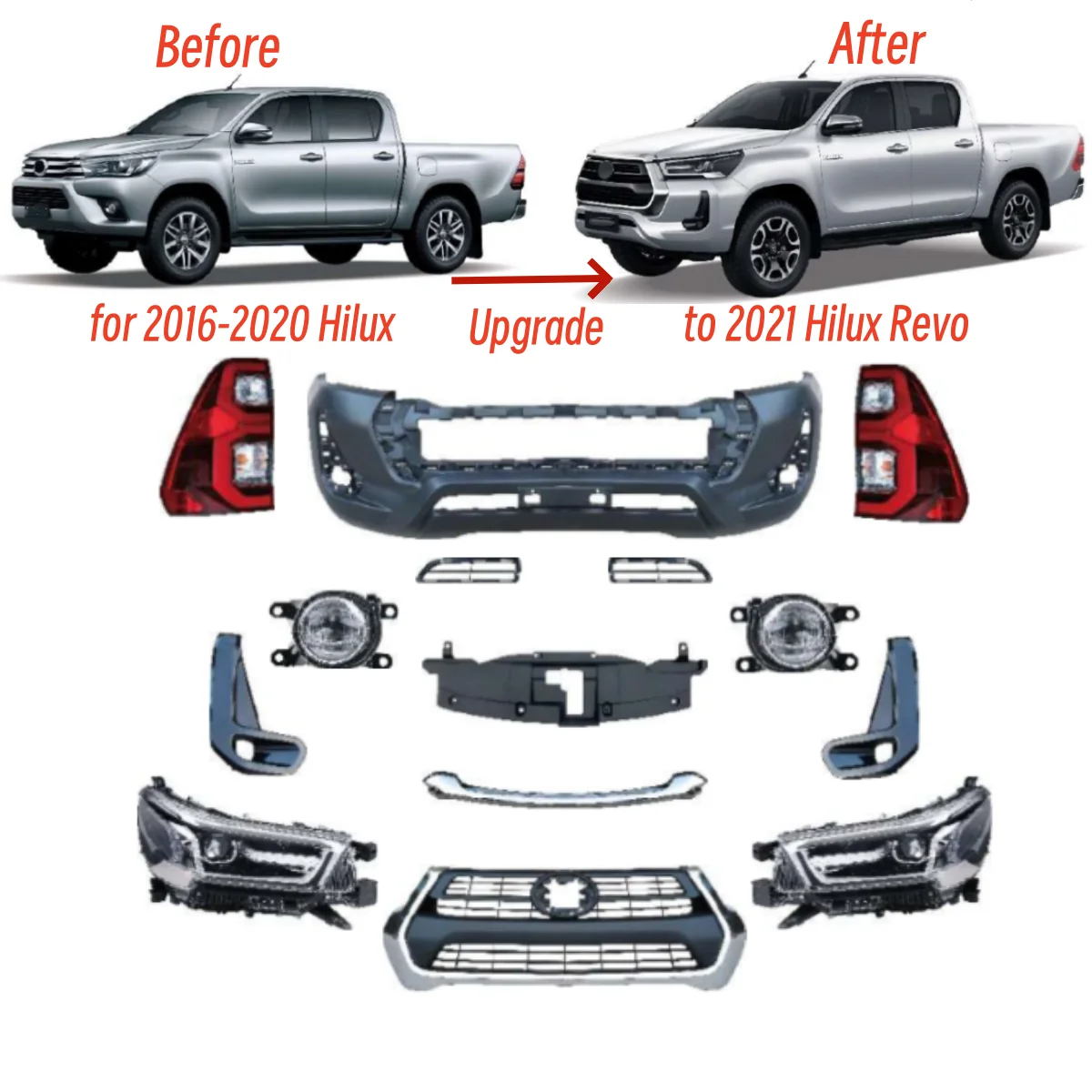 

STLFNew Upgrade Body Kits for16-20Hilux Upgrade to2021Hilux Revo Style Body Kit Bumper Headlights Taillight Bumper Grill Include