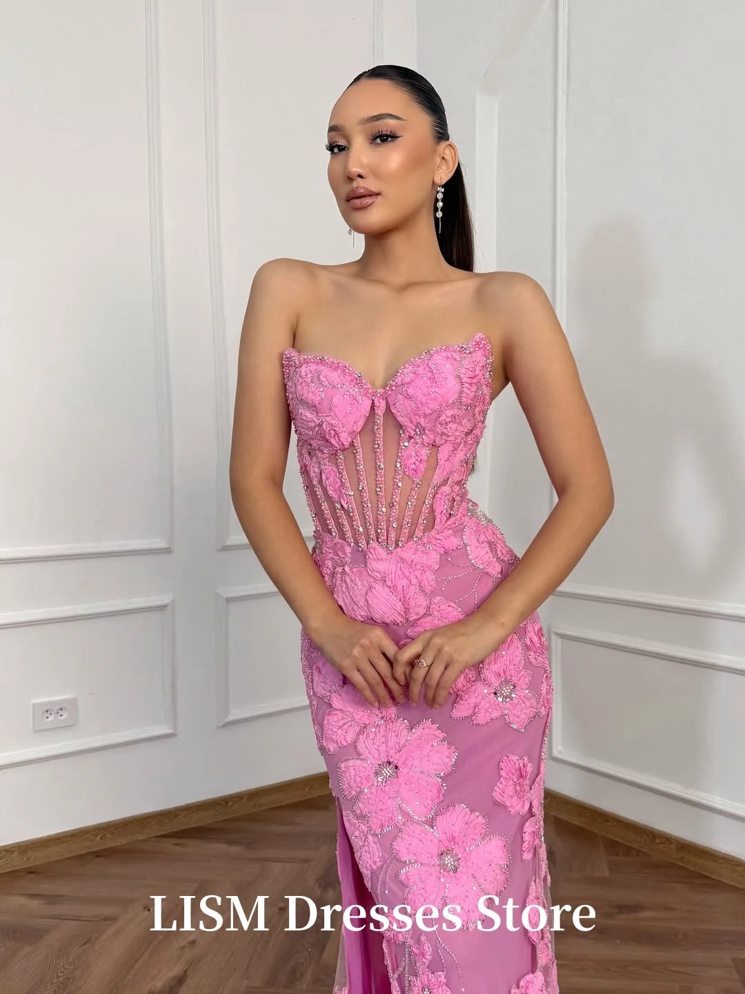 فساتين سهرة بحورية البحر على شكل قلب وردي من LIAM فساتين حفلات طويلة أنيقة من الدانتيل الحريري فساتين حفلات الزفاف فستان المساء