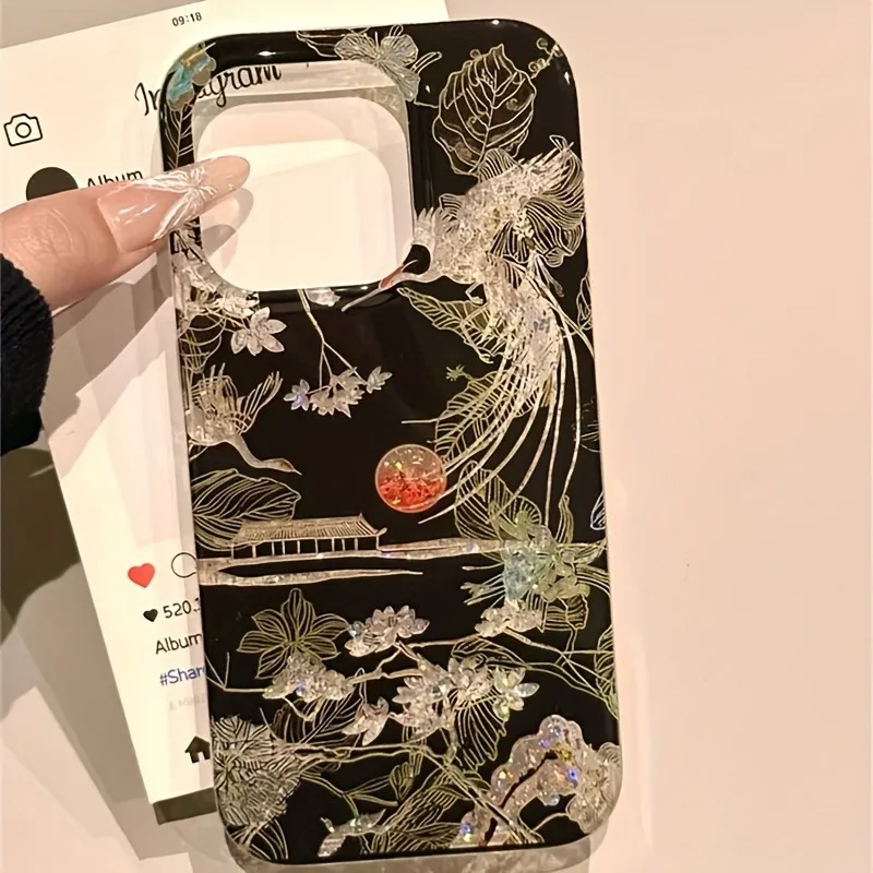 Sparkling Glitter Chinese Style Landscape Crane Phone Case For iPhone 11 12 13 14 15 16 17 Pro Max XS XR X 7 8 Plus Soft Cover - náhled 5