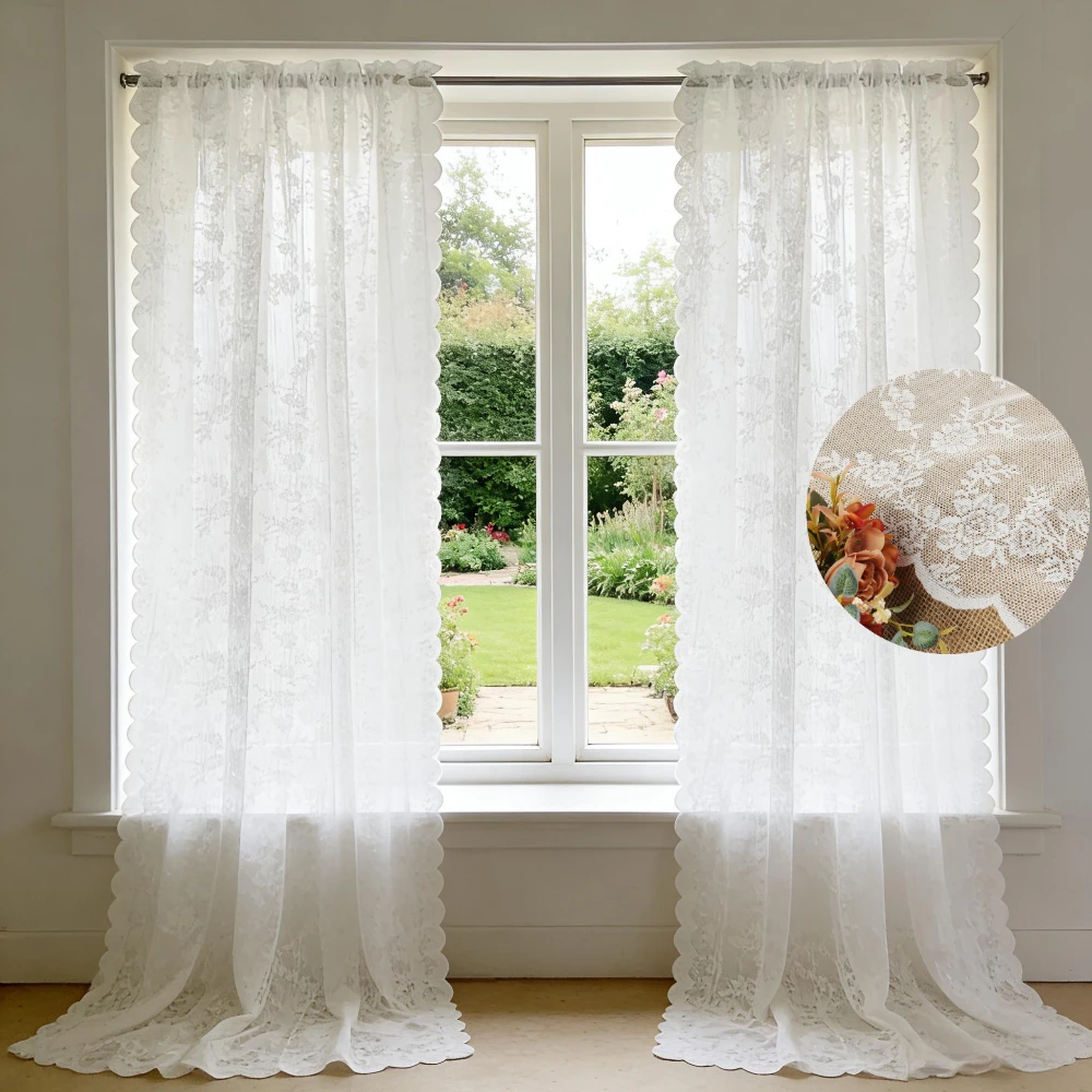 2 Stück Vintage-Blumenstickerei, Spitze, transparenter Vorhang, weiße französische Türvorhänge für Schlafzimmer, Küche, Fenster, feine Vorhänge