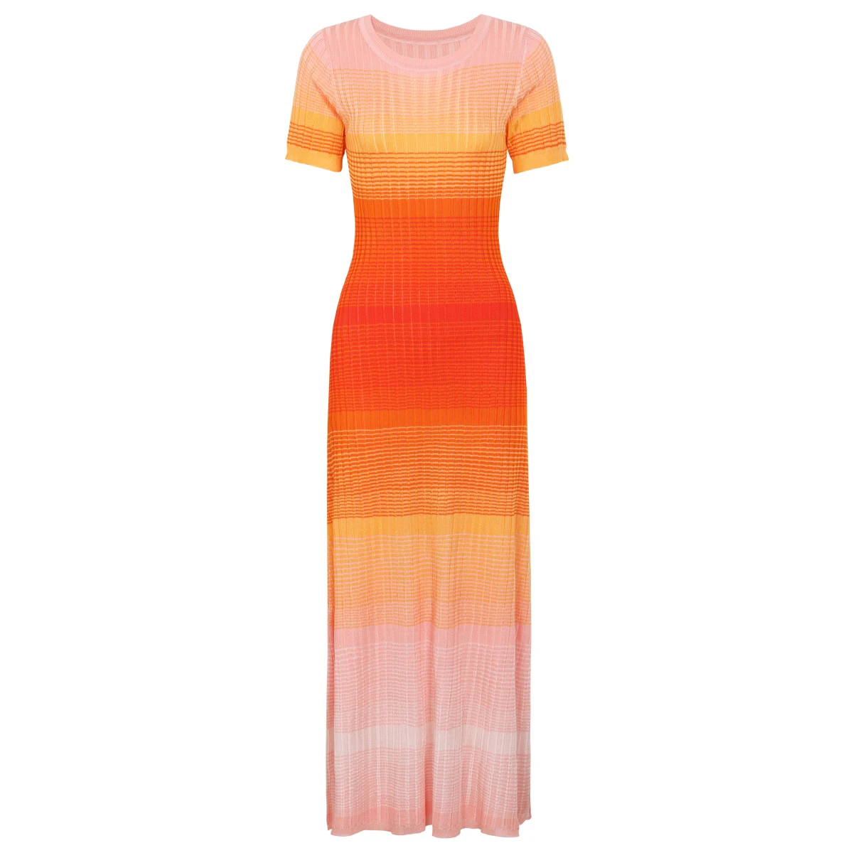 26128 Hochwertiges Sommerkleid im neuen Stil, beliebtes, schmal geschnittenes, modisches, kurzärmeliges, elastisches Strickkleid mit Farbverlaufmuster für Damen
