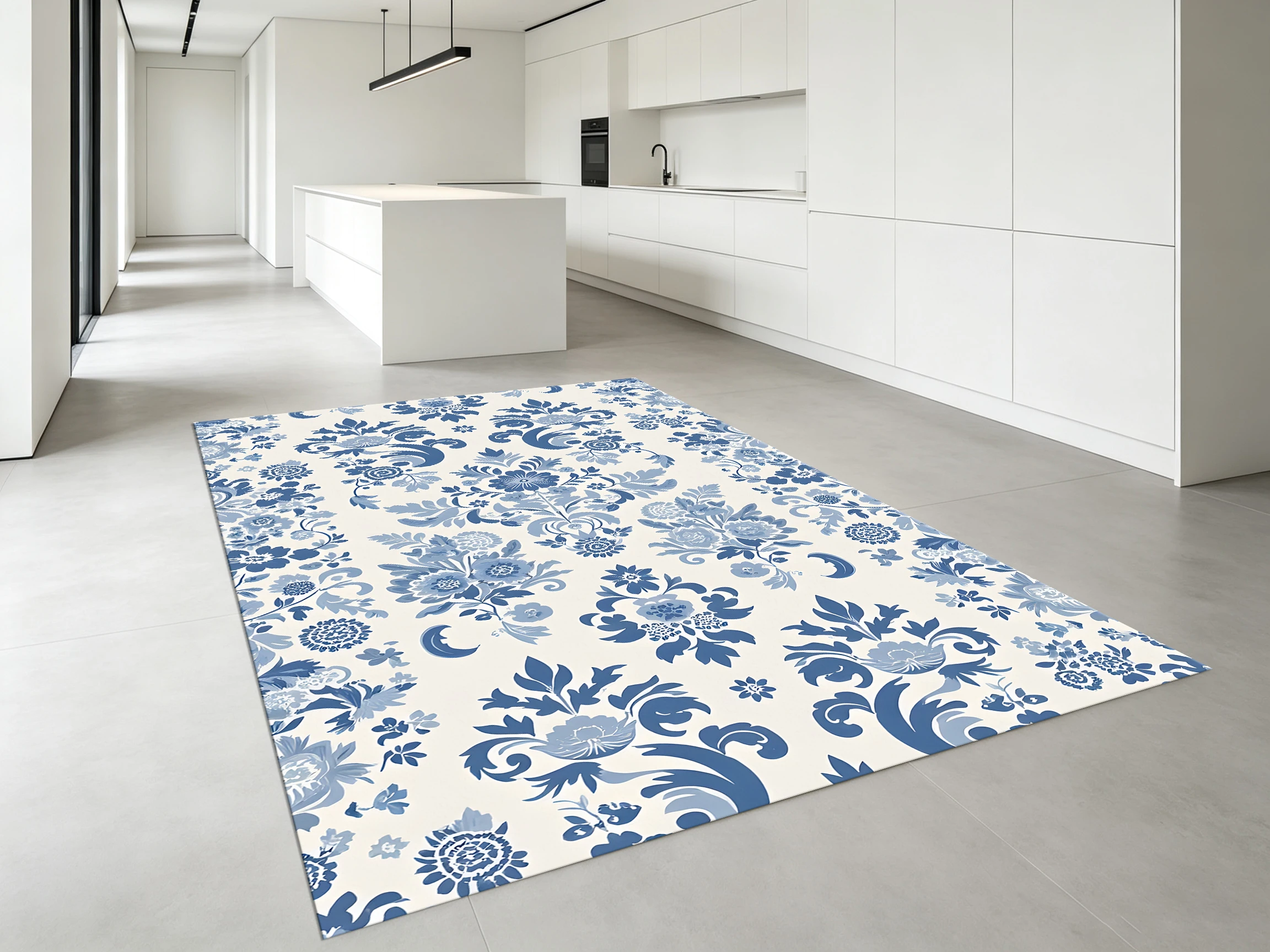 2D Large Rug, Off-White, Blue & White Floral Style, Retro & Soft Against the Skin, for Living Room & Bedroom, Enhancing