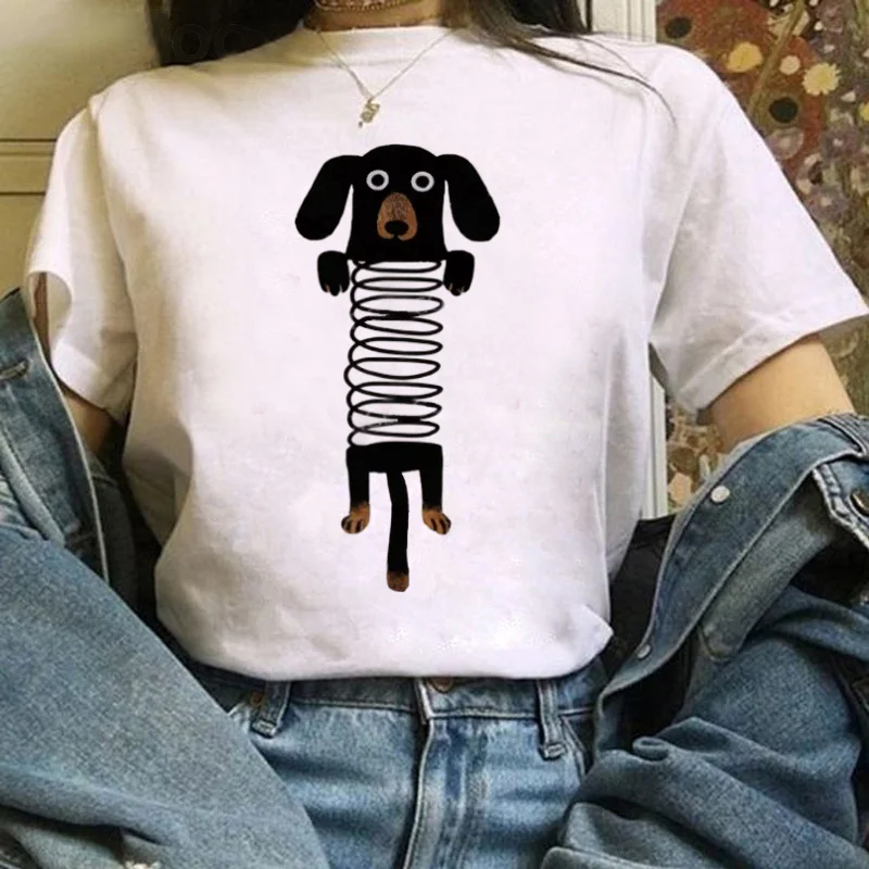 

Простая повседневная женская футболка с забавным рисунком собаки, летняя женская футболка с короткими рукавами, обычный круглый вырез, новый топ, белая футболка