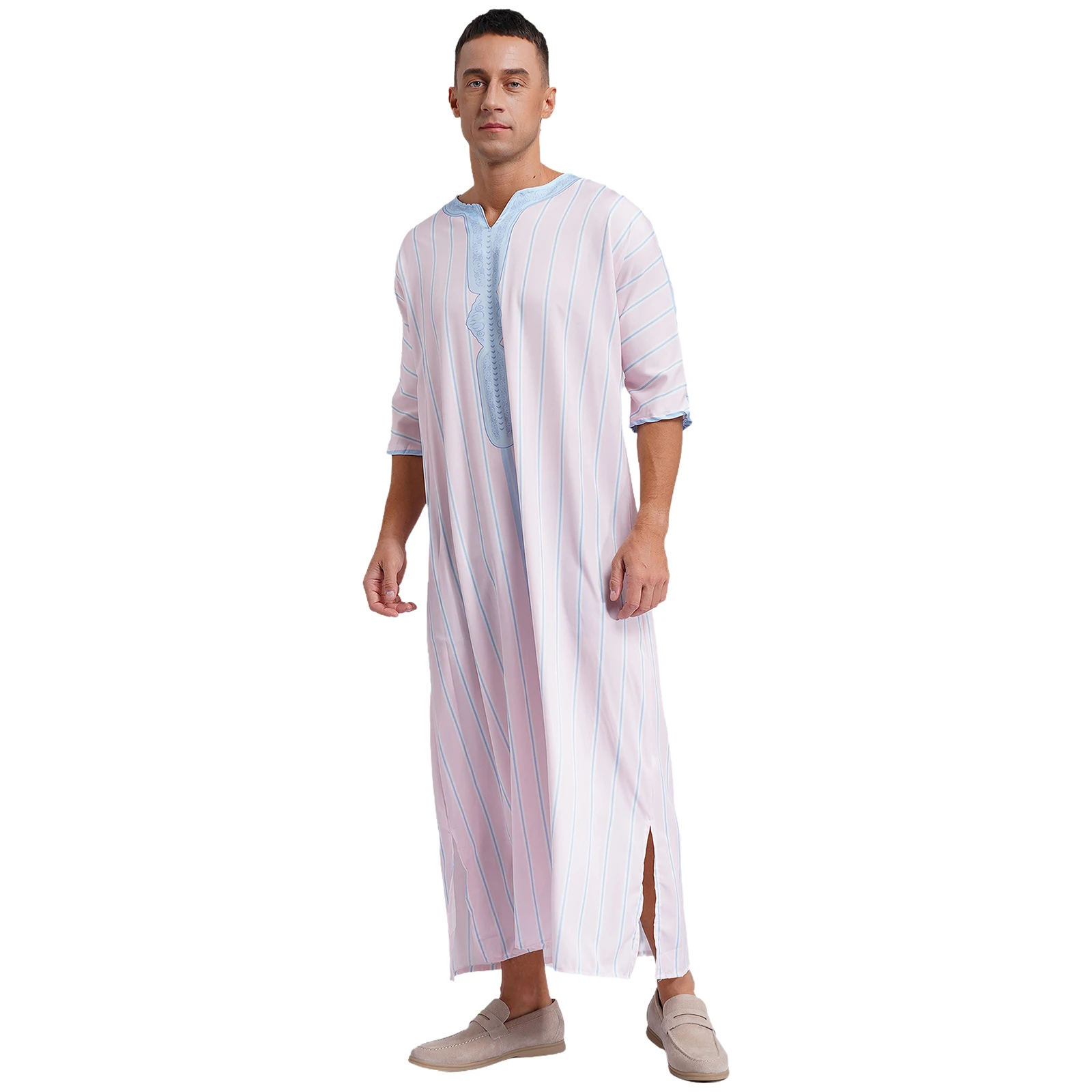 Mens Islamic Muslim Print Robe Cosplay Outfits V Neck Short Sleeve Slit Hem Loose Caftan Arab Robe for Party Vacation Loungewear