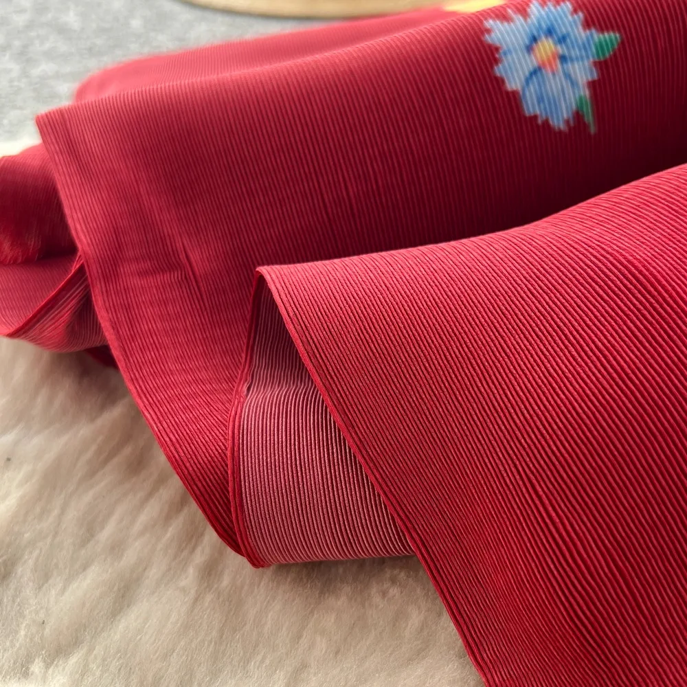 Miyake Pleated Print Dresses 2026 Summer New Round Neck Lantern Sleeve A-Line Flower Bud Dress Elegant Stretch Women's Clothing