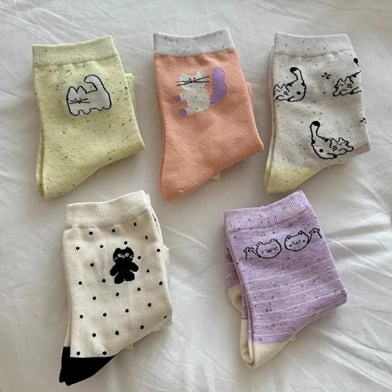 동물 만화 물방울 무늬 양말 여성용, 고양이 프린트, 일본 귀여운 양말, 한국 패션, 하라주쿠 스트리트웨어, 면 긴 양말
