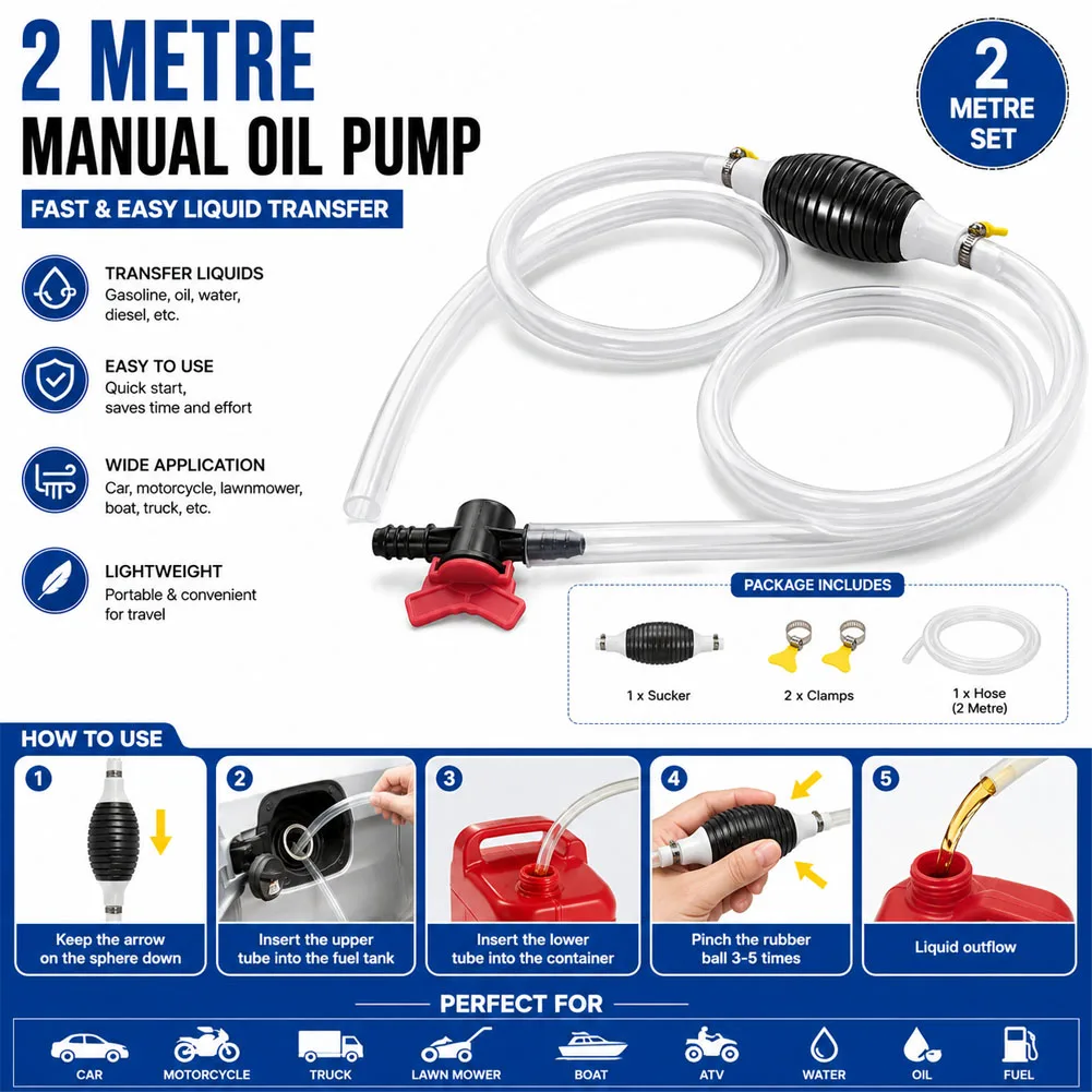 Manual Gas Oil Pump 2 Meters Car Fuel Pump Hand Straw Pump Durable For Liquid Gasoline Tuning Fuel Gasoline Diesel Pump