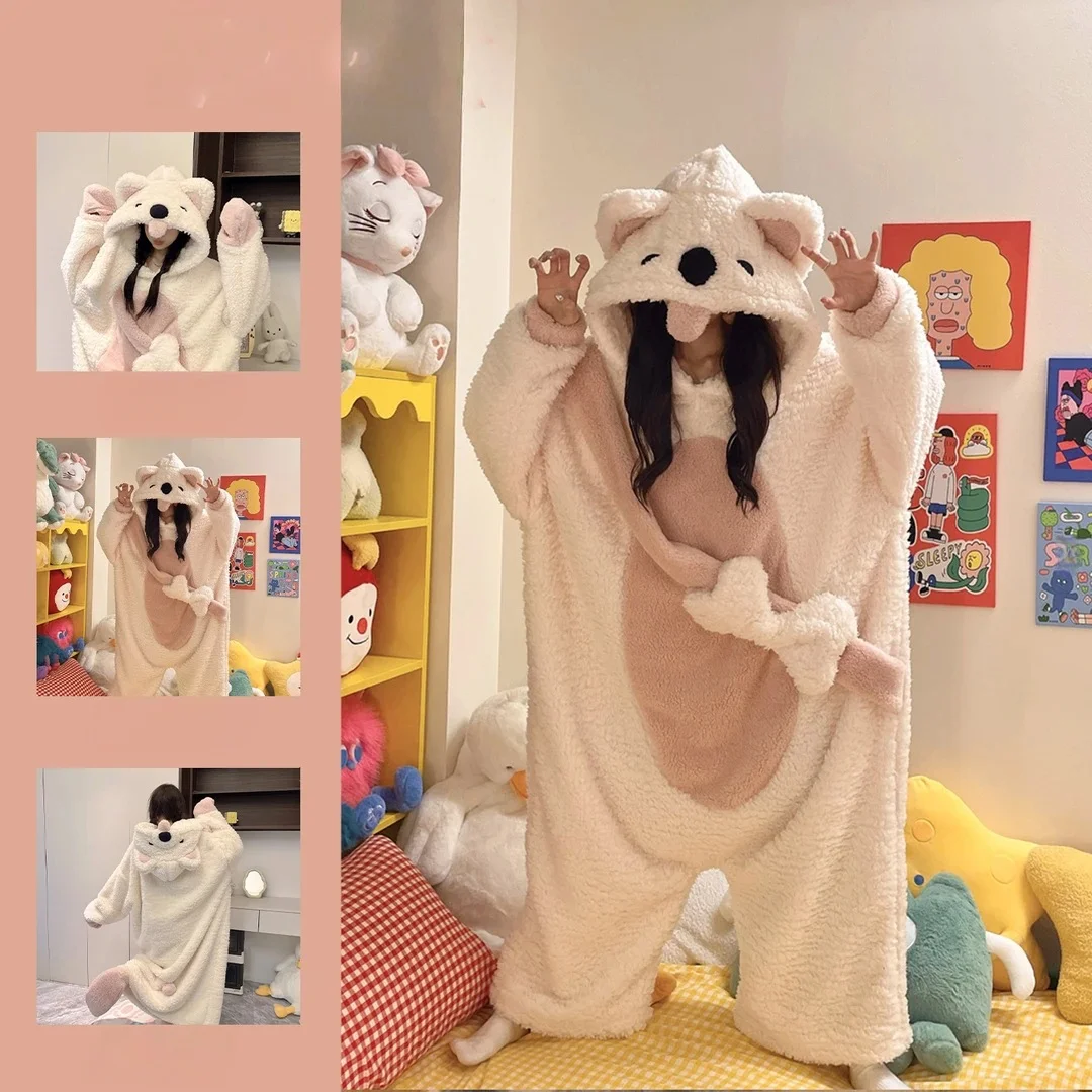 

Women's Coral Fleece Onesie Pajamas Winter Thickened Warm Tongue-Out Dog Cartoon Hooded Robe Cute Loungewear Homewear