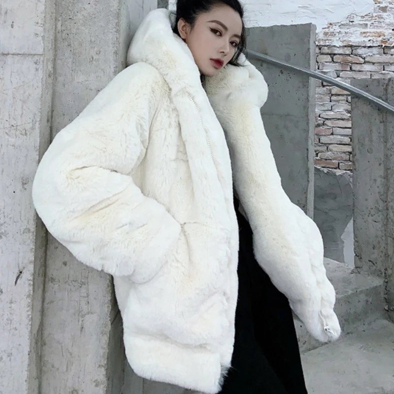 Women Faux Fur Coat Hooded Jacket Y2k Coats Long Sleeve Zipper Overcoat Loose Thick Office Outwear Casual 2025 Autumn Winter