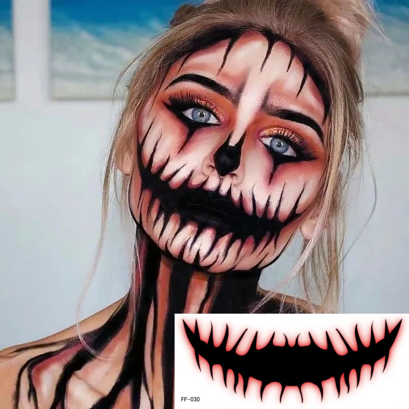 Halloween Horror Big Mouth Face Stickers Tattoo Temporary Waterproof Devil Mask Party Makeup Art Tattoos Festival  Party Decals