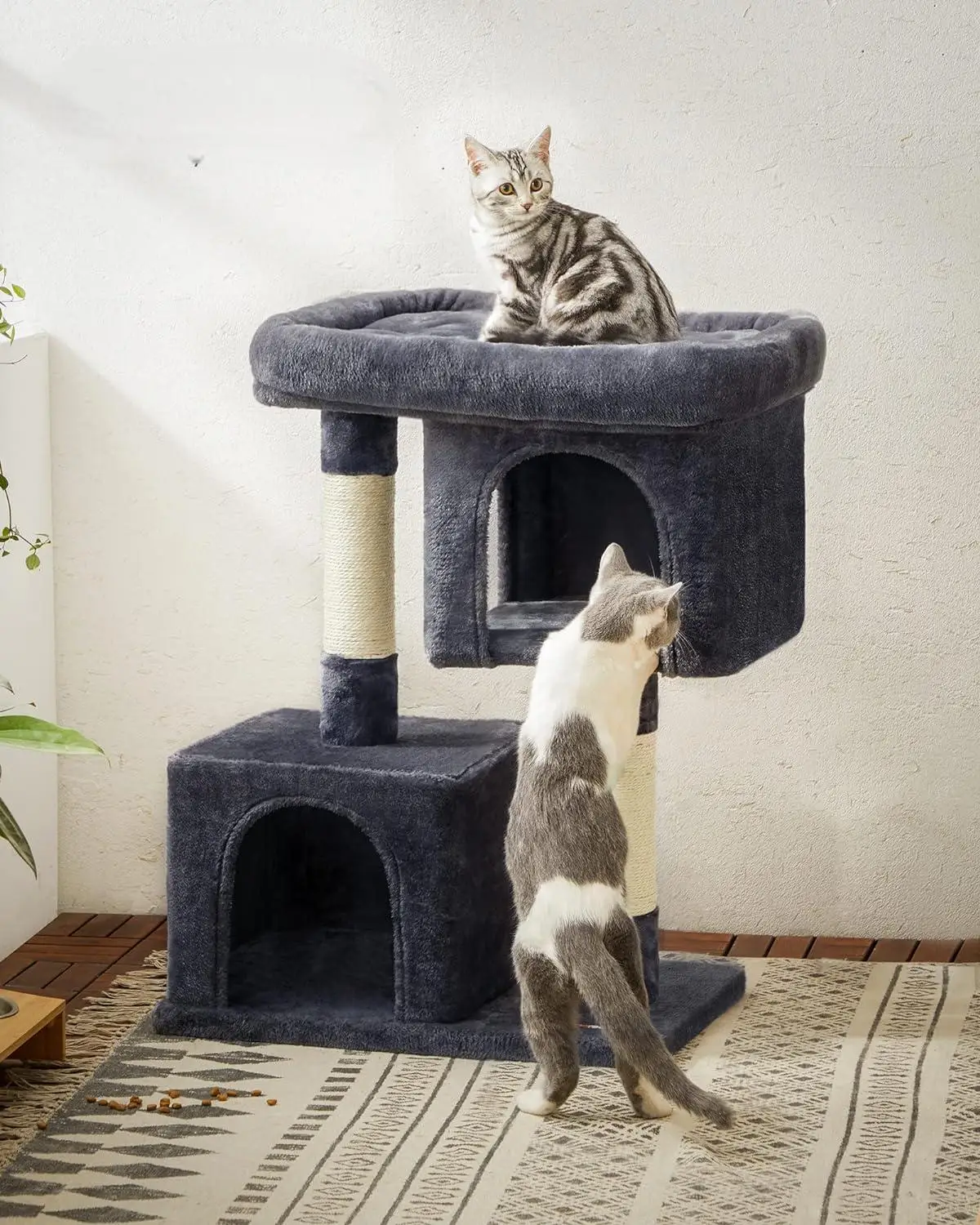 33.1-inch cat tower, L, cat apartment for large cats under 16 pounds, large cat hole, 2 cat holes, scratch post, smoked gray