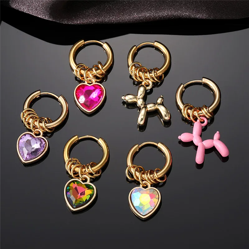 Pendientes de acero inoxidable con forma de corazón de circonita para mujer, aretes con diseño de perro, estilo Punk, animales de amor coloridos,