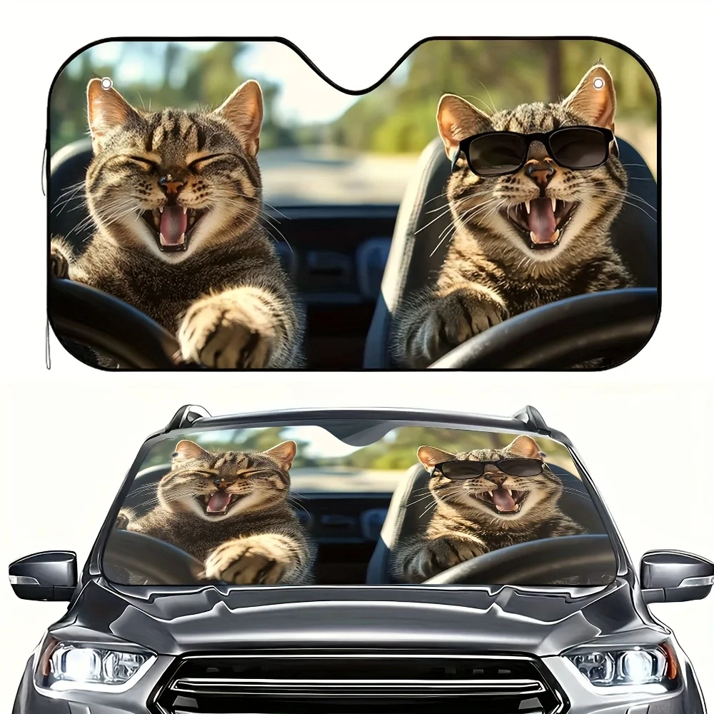 

1pc Happy Driving Cat Print Car Sunshade With 4 Free Suction Cups – Foldable & Easy To Install, Keeps Your Car Cool, Perfect For