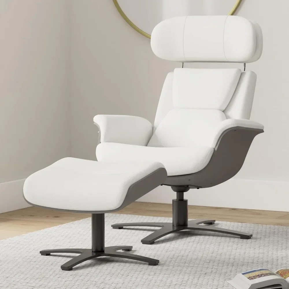 Genuine Leather Reclining Swivel Chair with Adjustable Headrest and Ottoman for Living Room