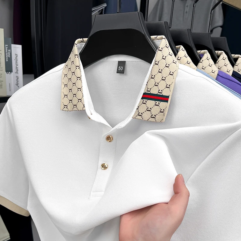 High quality men's short sleeve polo shirt summer light luxury business style comfort casual patchwork neckline fashion T-shirt