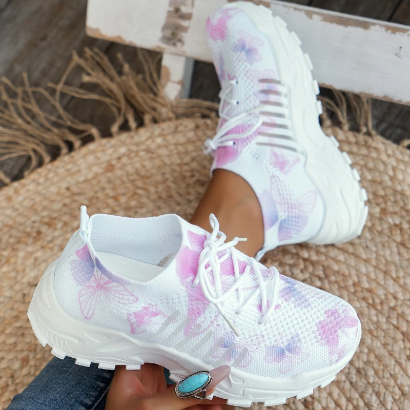 Women Butterfly Print Mesh Sneakers White EVA Platform Shoes Breathable Knit Lace Up Daily Walking Casual Trainers view 5