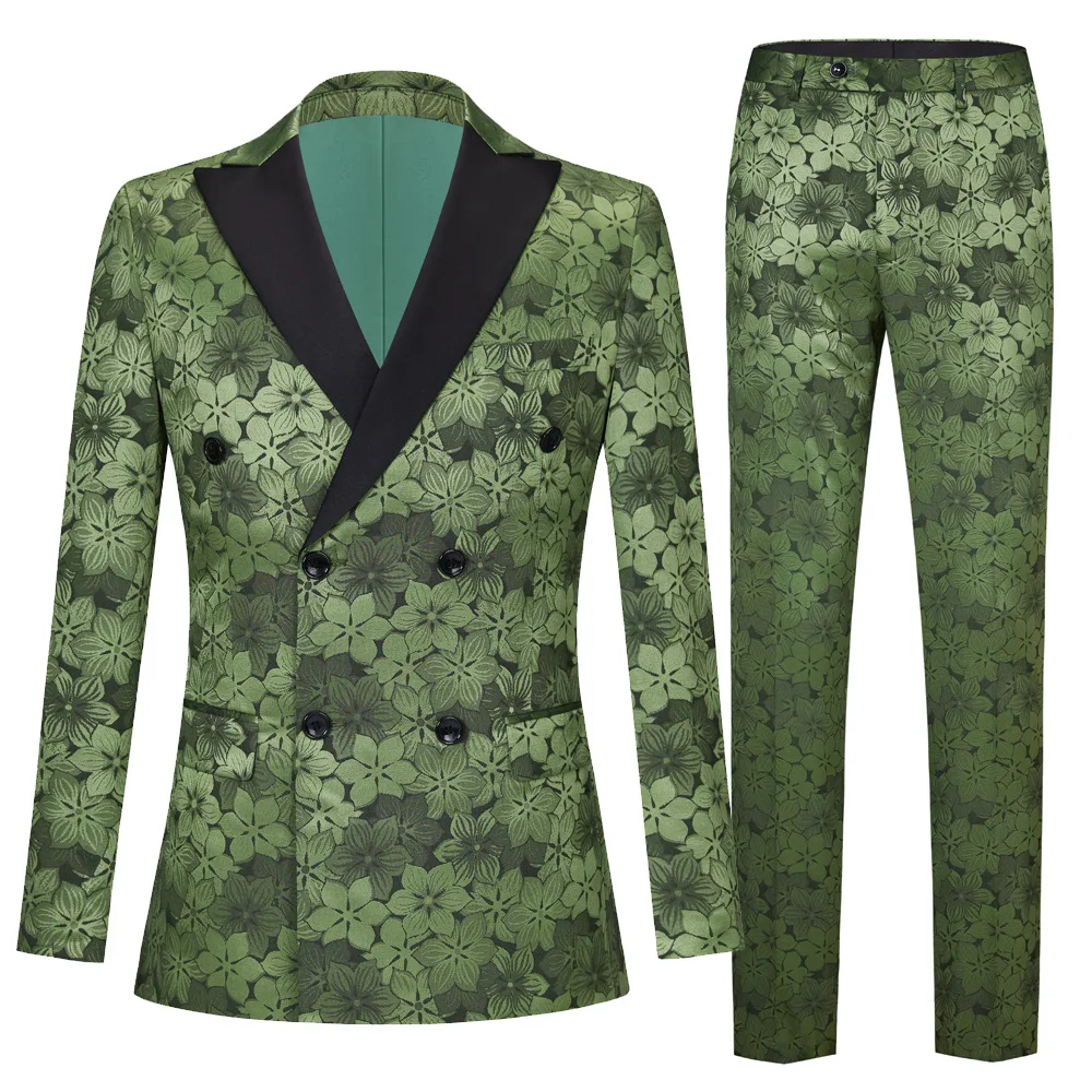 

8610 European and American green jacquard hip lapel collar double-breasted men's suit
