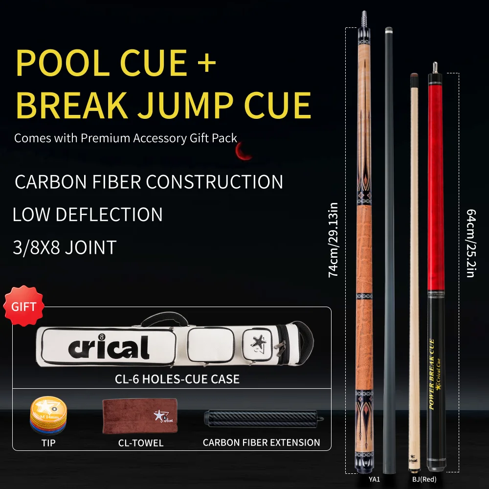 Pool Cue Stick Carbon Fiber Shaft Low Deflection Break Jump Cue Set 11.8/12.4mm Tip 3/8x8 Joint 58in 19-20oz CRICAL