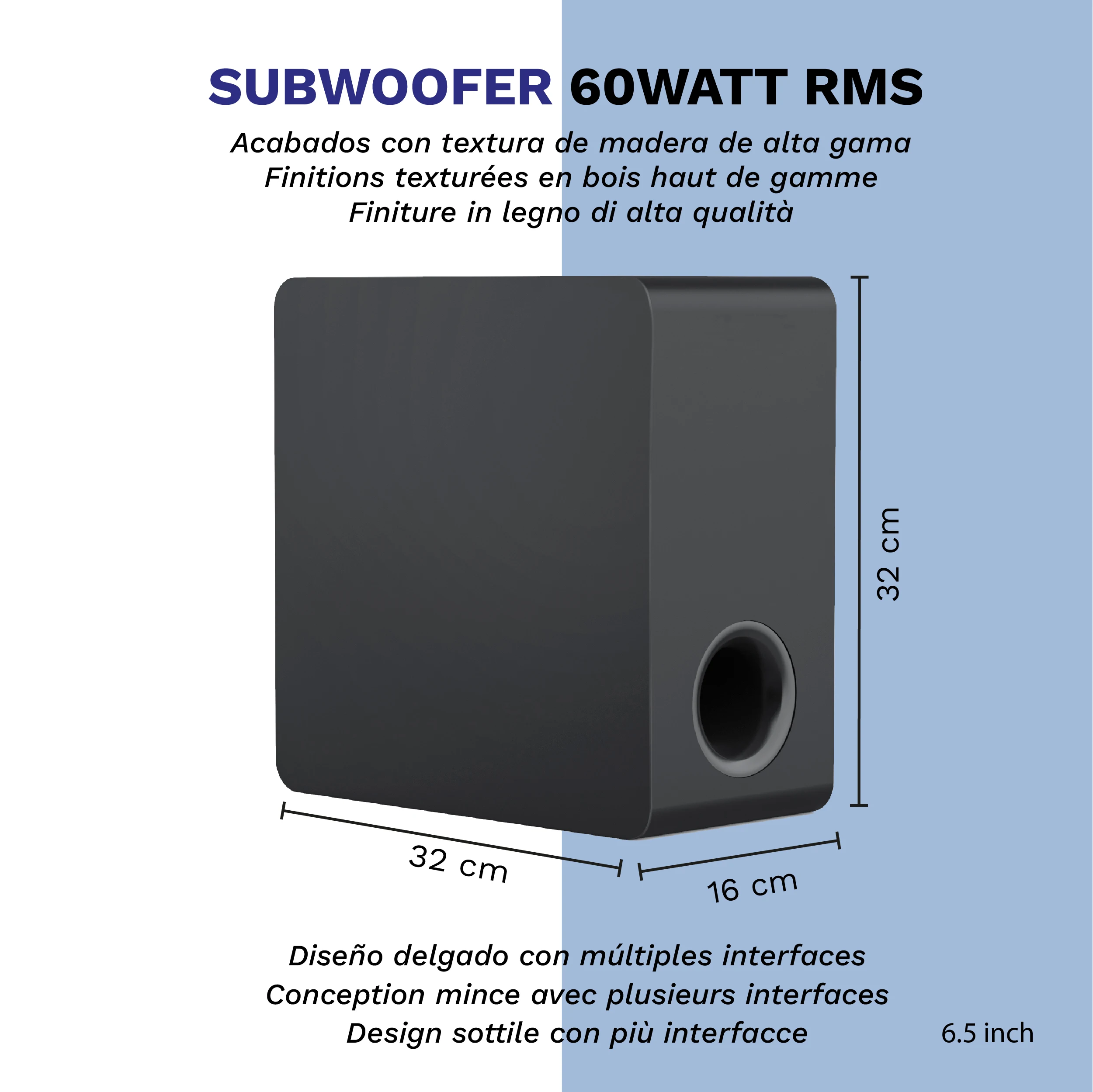 BELSON SW65D 6,5 Subwofer | Bluetooth 5.0 | 60 W RMS power | Adjustable volume | RCA connections | Optical input | USB port | DSP