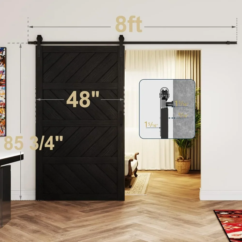 Puerta corrediza de granero de 48 pulgadas × 84 pulgadas, puertas de barriles ondulados de madera con paneles, kit de herrajes incluidos, superficie de PVC a prueba de agua, puerta corrediza de granero