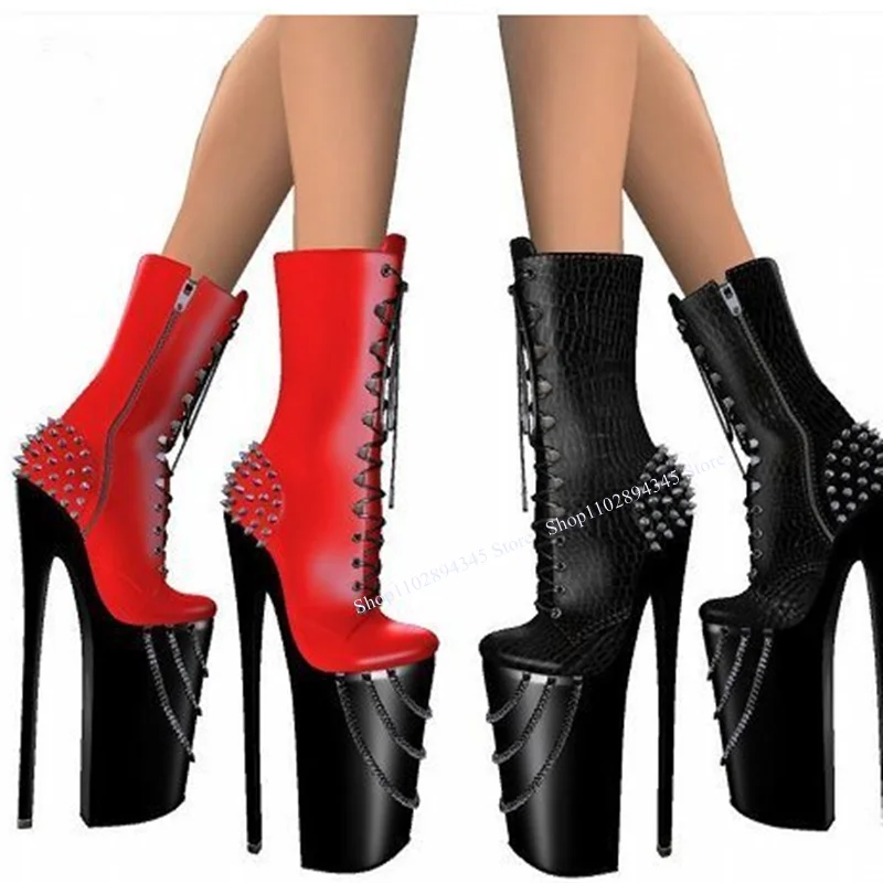 Black Chain Rivet Zipper Mid Calf Boots Thin High Heel Pointed Toe Fashionable Sexy Winter 2024 Woman Shoes Zapatillas Mujer