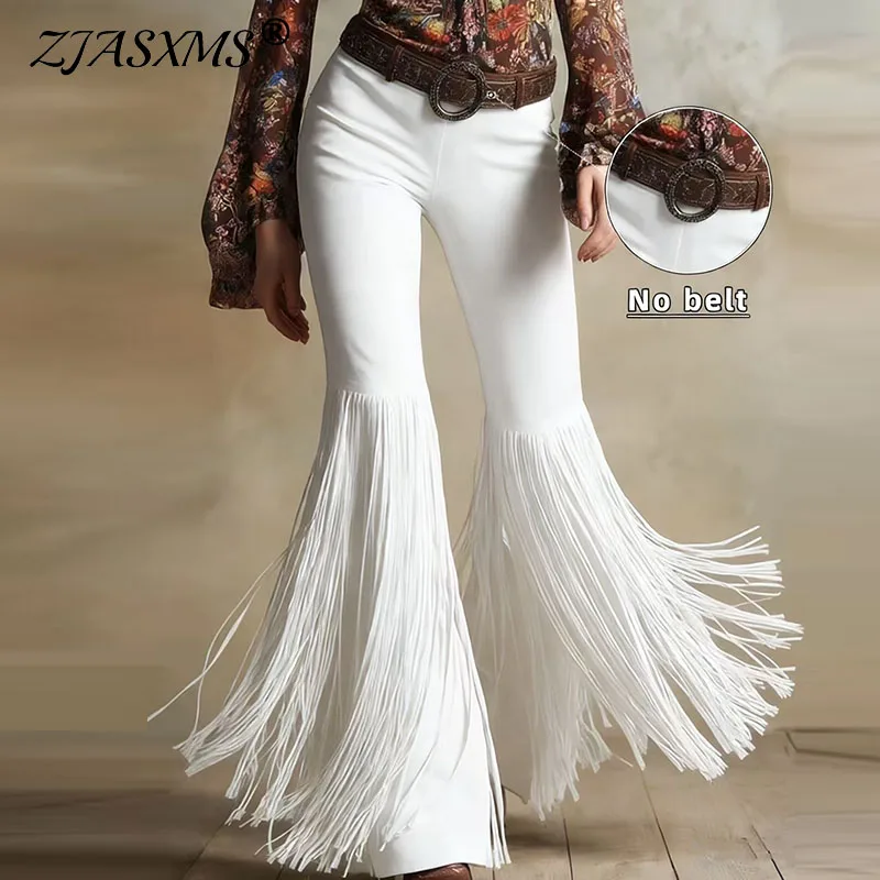 

Однотонные замшевые брюки-клеш с бахромой в стиле ретро, женские облегающие повседневные брюки с высокой талией, весна-осень 2026, уличная одежда, длинные брюки с кисточками