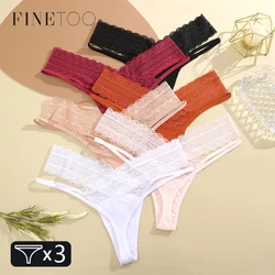 FINETOO 3Pcs Floral Lace Thongs Patchwork Striped Underwear for Women Sexy Double Layer Belt G-string Soild Breathable Lingerie