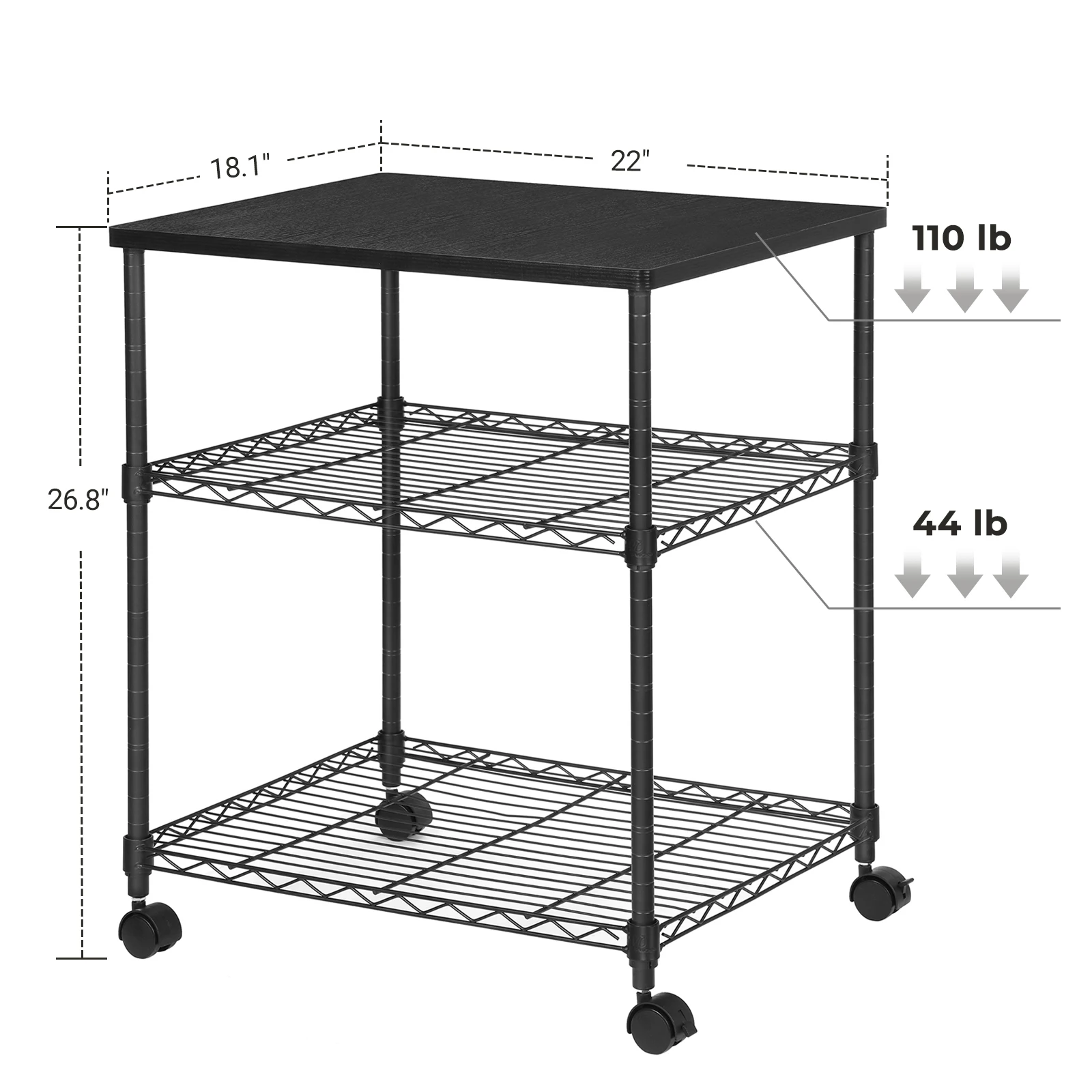 SONGMICS 3 Tier Printer Stand, Printer Table with Wheels, Rolling Printer Cart, Printer Desk with Metal Frame for Home Office