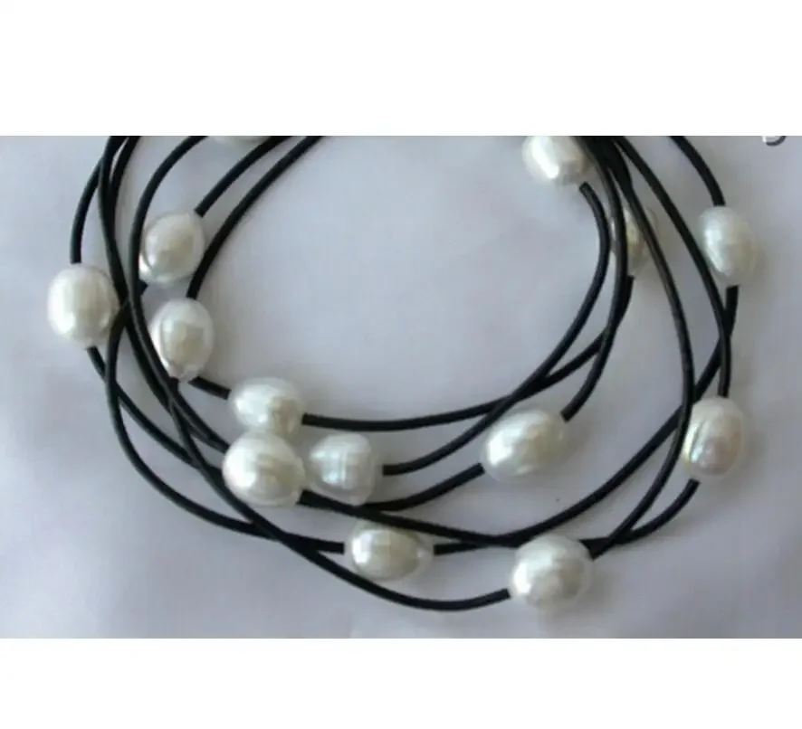 Fashion jewelry   stunning 3strands big 9mm baroque white freshwater pearl leather necklace