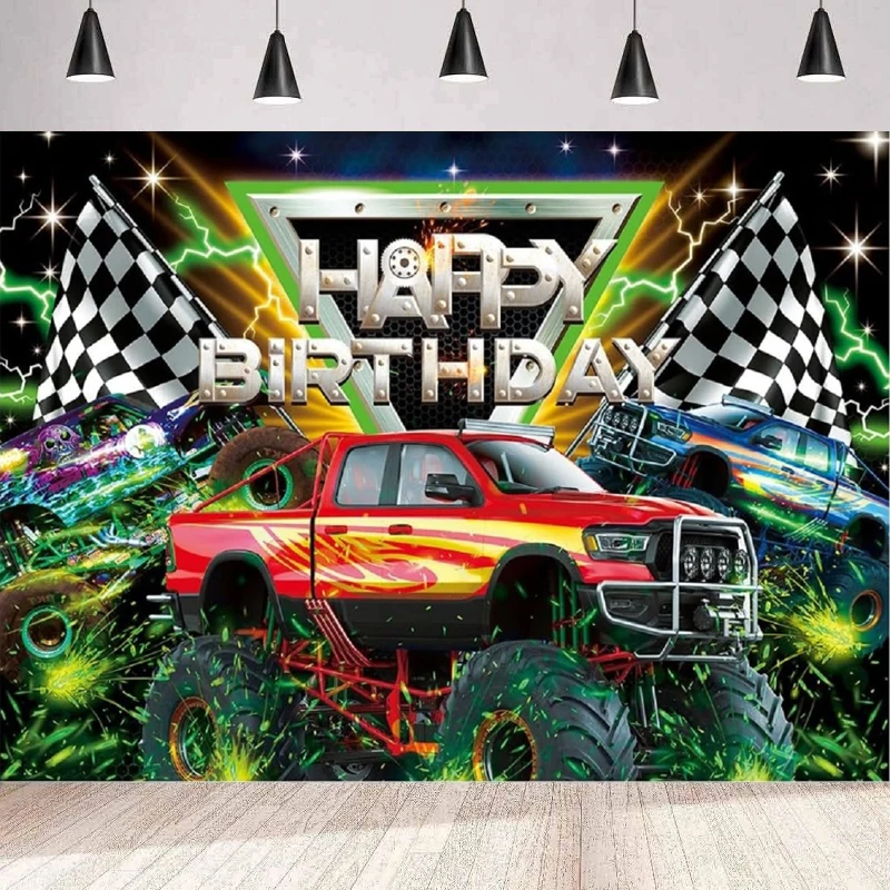 Truck Happy Birthday Photography Backdrop Burning Flame Racing Kids Monster Grave Digger Party Background Wall Banner Poster