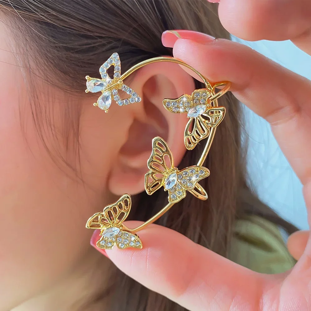 Super Sparkling Diamond Inlaid Butterfly Ear Hook Without Ear Hole Ear Clip Female One-piece Easy  Japanese and Korean Earrings