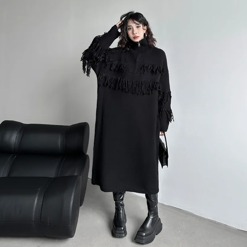 

Ladies Long Knitted Sweater Dr High Collar Tassel Winter Thi Wide Leg Faionable over Knee Length Coat k Sle