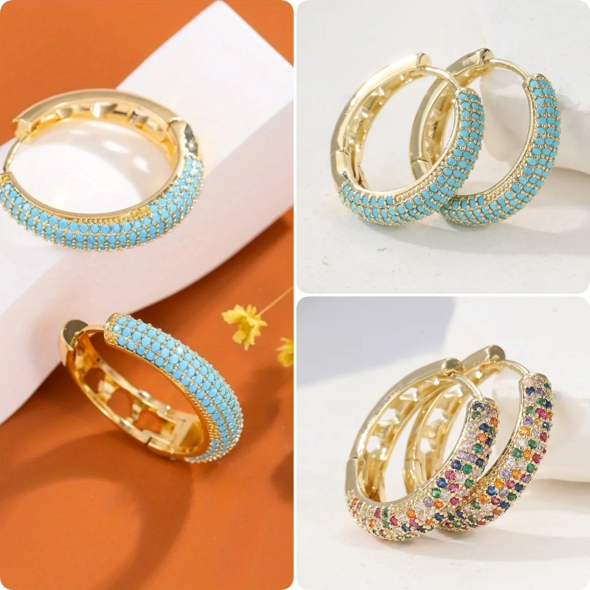 Fashion Sparking Colored Synthetic Zirconia Golden Plated Hoop Earrings for Women's Elegant Daily Versatile Jewelry Accessories