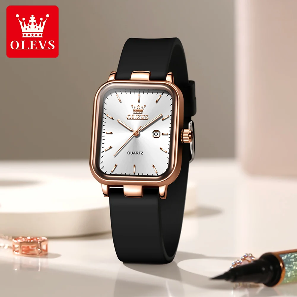 OLEVS 7089 Watch Woman Original Quartz Wristwatch Rubber Strap Waterproof Date Square Watches For Woman Set Gift Box Reloj New