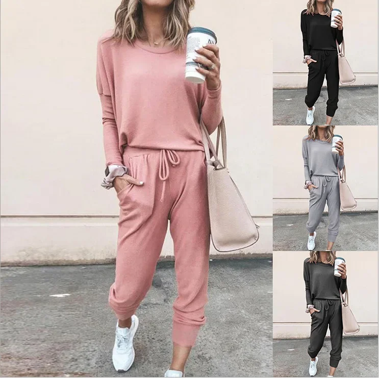 

Women Autumn Winter Trouser Set Pants Set Solid Color Long Sleeve O Neck Lace-up Pencil Pants Casual Fashion Comfortable Regular