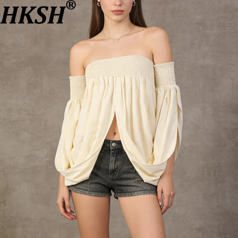 

HKSH 2026 Summer New Women Sexy Top Off-shoulder Backless Pleated Split Niche Design French Elegant Trend High-end Shirt HK18975