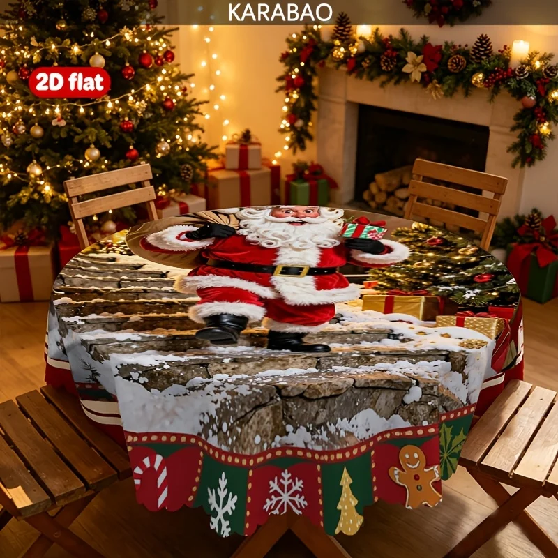 1 Christmas-themed round tablecloth, red and green lace with snowflake gingerbread man, Santa Claus snow step gift pattern