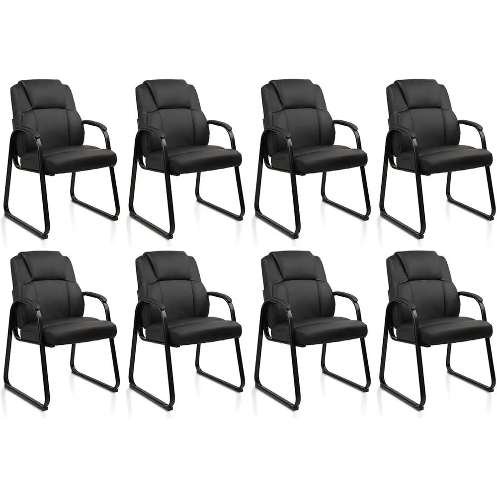 

Black Leather High-Back Chair with Padded Armrests, Ideal for Conference and Waiting Areas, 8-Pack Sled Base Design