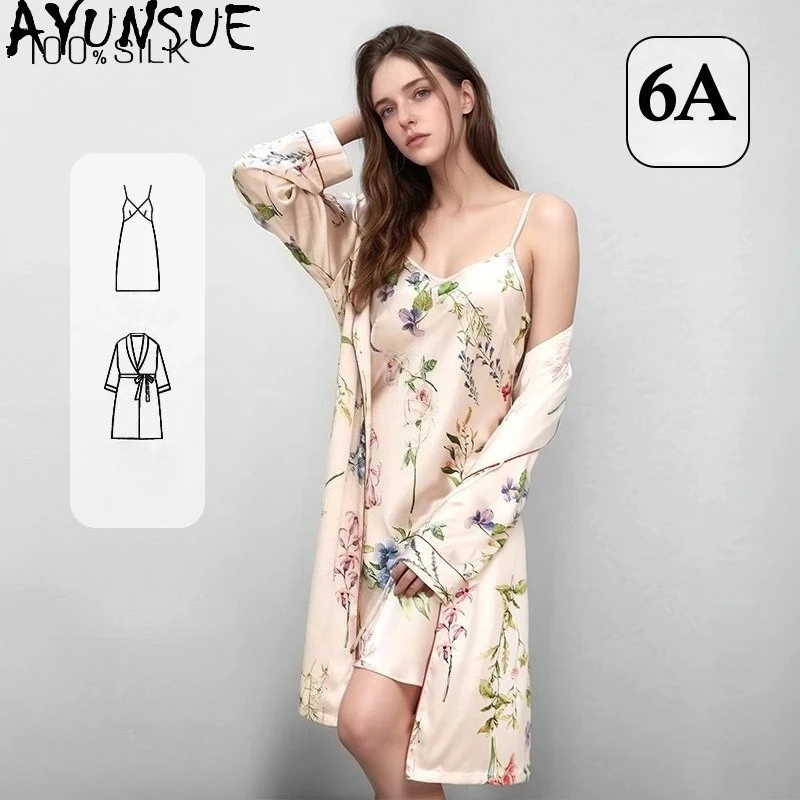 AYUNSUE 16MM 100% Mulberry Silk Nightwears for Ladies 2026 Spring Summer Sleepwear Set Bath Robe Sexi Night Dress Women 잠옷