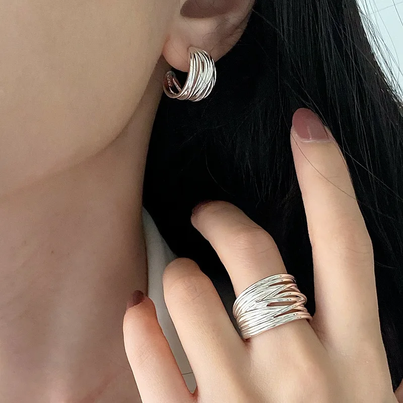 New 925 Sterling Silver Stud Earrings Wide Multilayer Lines Punk Geometric For Women Girl Gift Jewelry Dropshipping Wholesale