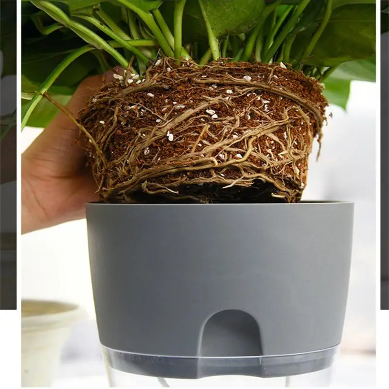 Transparent Double Layer Plastic Flower Pot Self Watering Flowerpot Cotton Rope Watering Small Plant Pot With Injection Port
