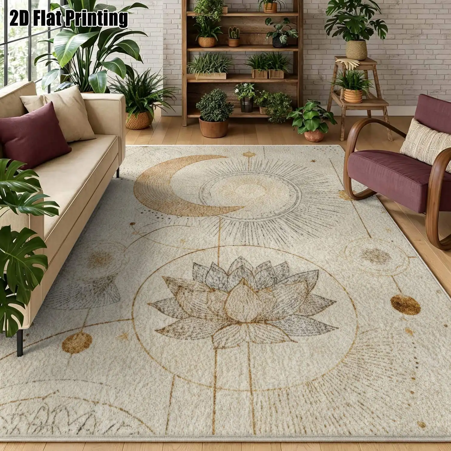 1Pc 2D Printed Velvet Carpet with Beige Sun, Moon, Flower Pattern Nordic Modern Minimalist Vintage Abstract Art Carpet for Home Decor, Available in Multiple Sizes, Machine Washable, Can Be Used as Entrance/Dining/Bedroom/Living Room Mats.