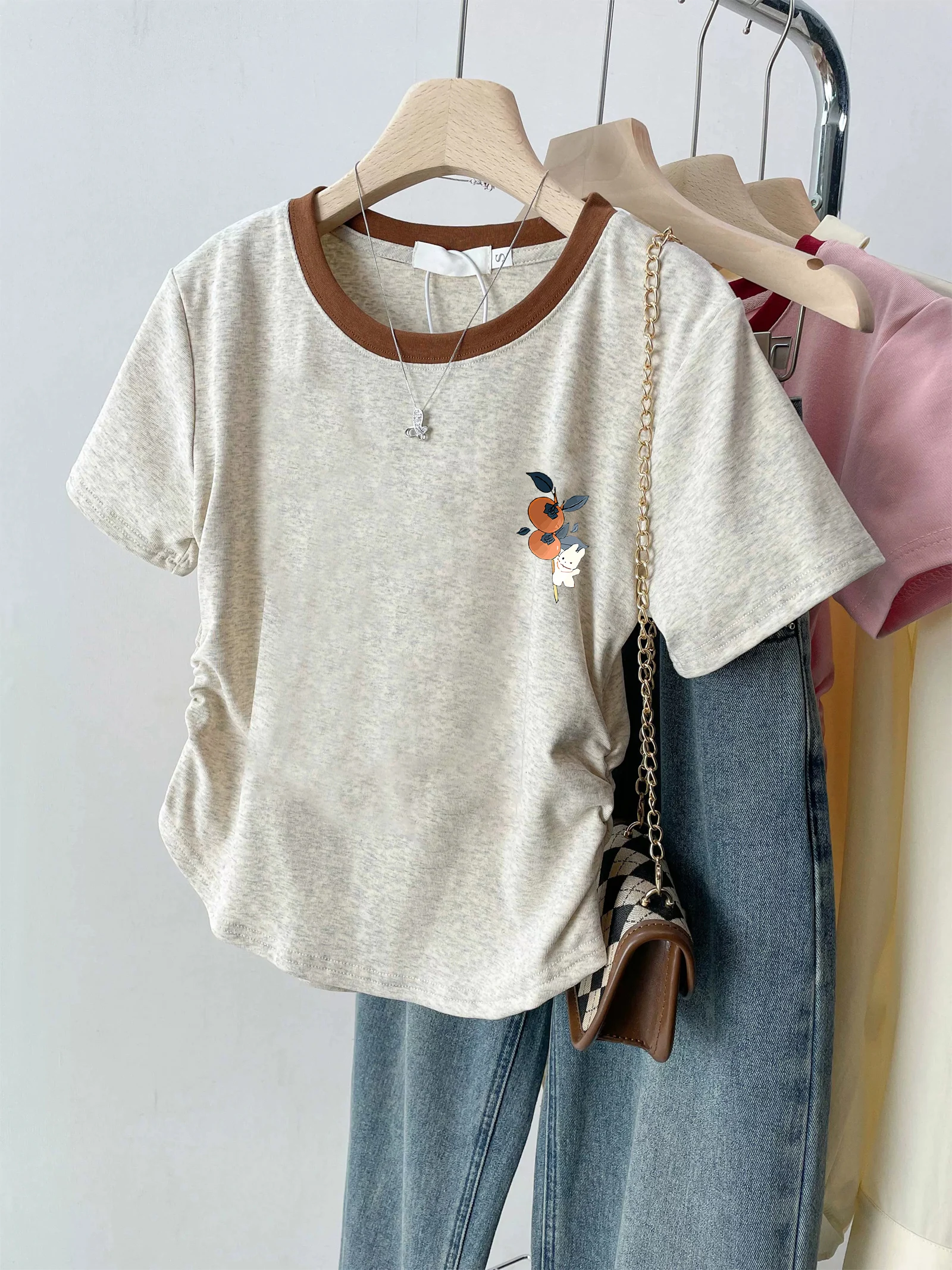 Color Block Short Sleeve T-Shirt Women's Summer Design Unique Short Style Versatile Waist Shaping Top Korean Style Cotton Blend
