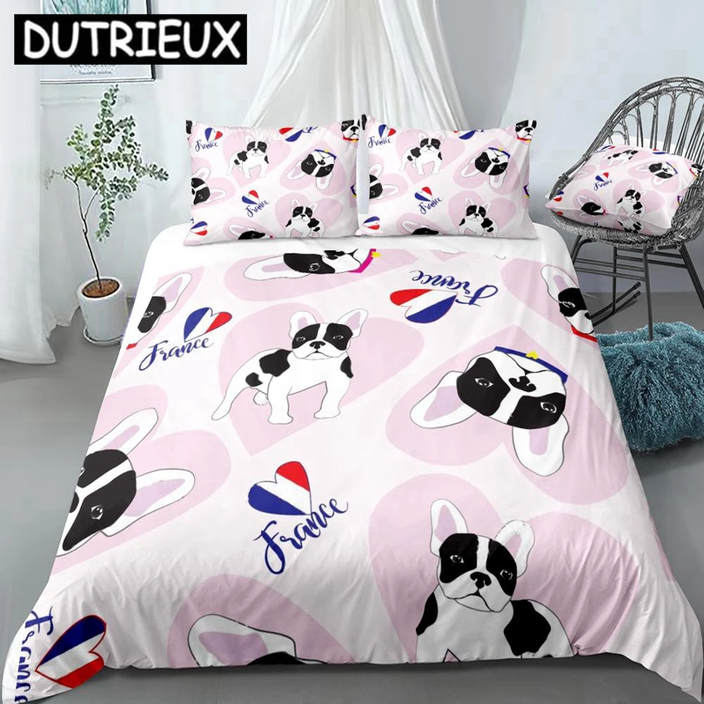 

Dog Duvet Cover Set French Bulldog Bedding Pink White Black Quilt Cover White Black Pet Comoforter Cover Cartoon Animal Bedding